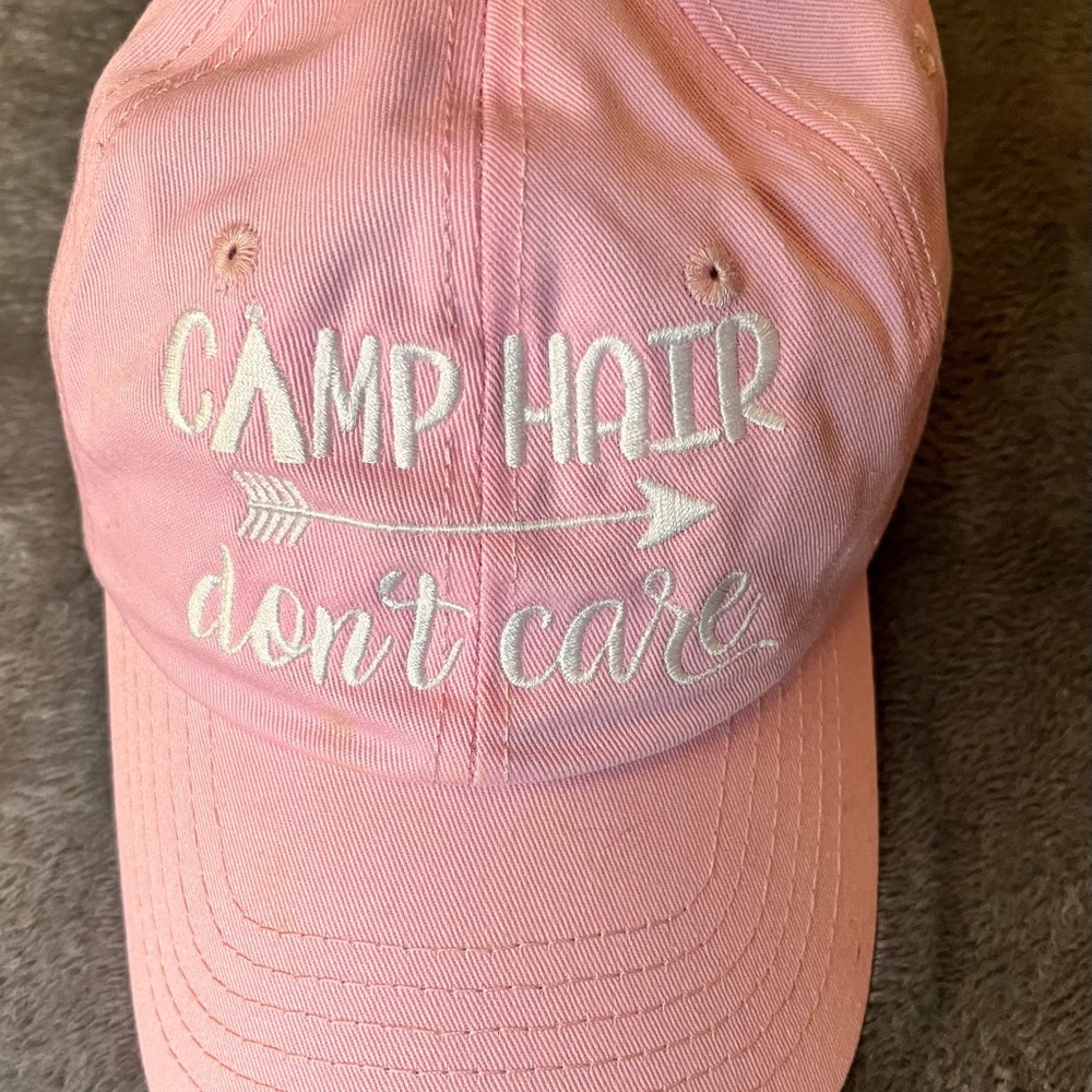 Pink "Camp Hair Don't Care" Embroidered Baseball Cap